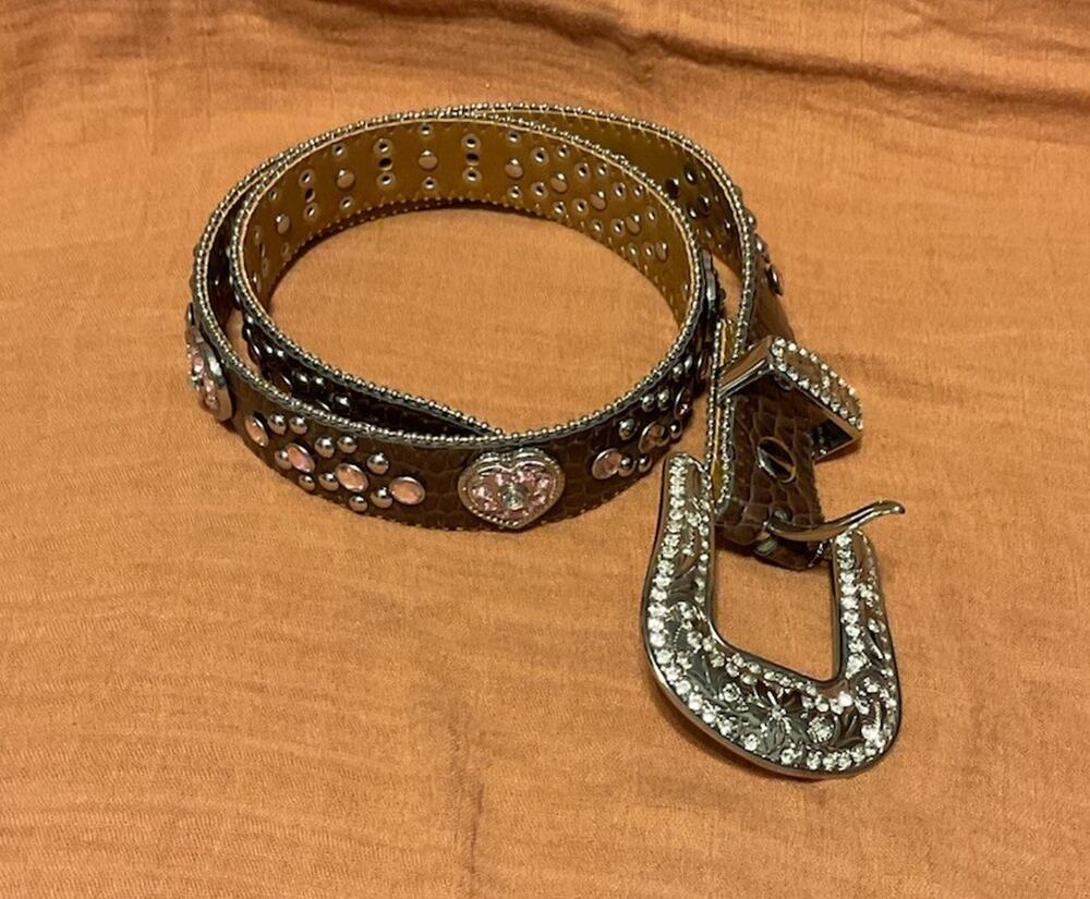 Nocona Pink Heart Rhinestone Leather Belt Girls Western Alligator Print